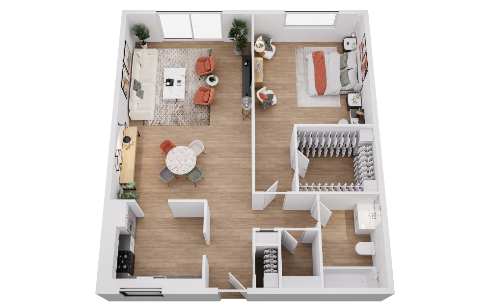 floor plan showing 1 bedroom, 1 bathroom apartment