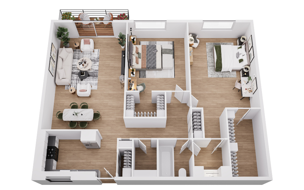 Simply Modern 2x1 - 2 bedroom floorplan layout with 1 bathroom and 927 square feet