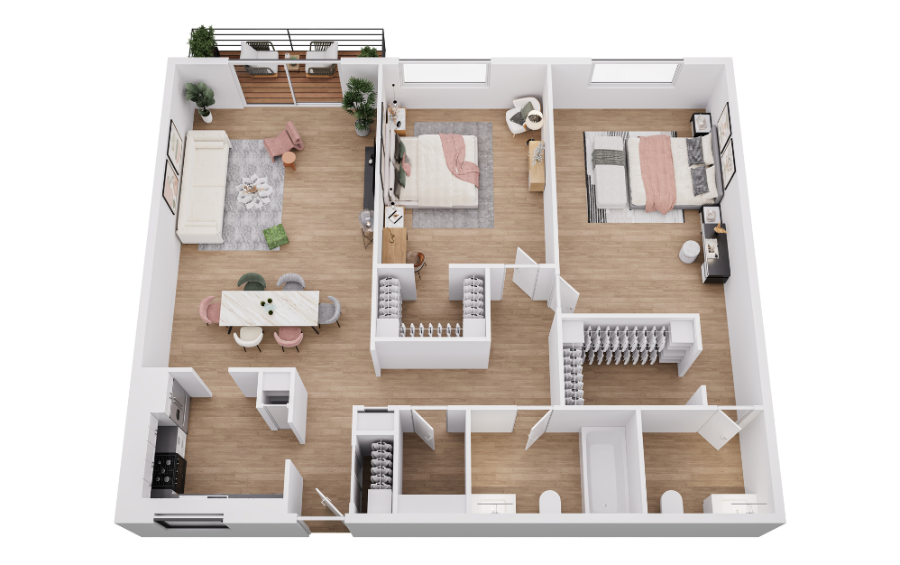 Simply Modern 2x2 - 2 bedroom floorplan layout with 2 bathrooms and 987 square feet